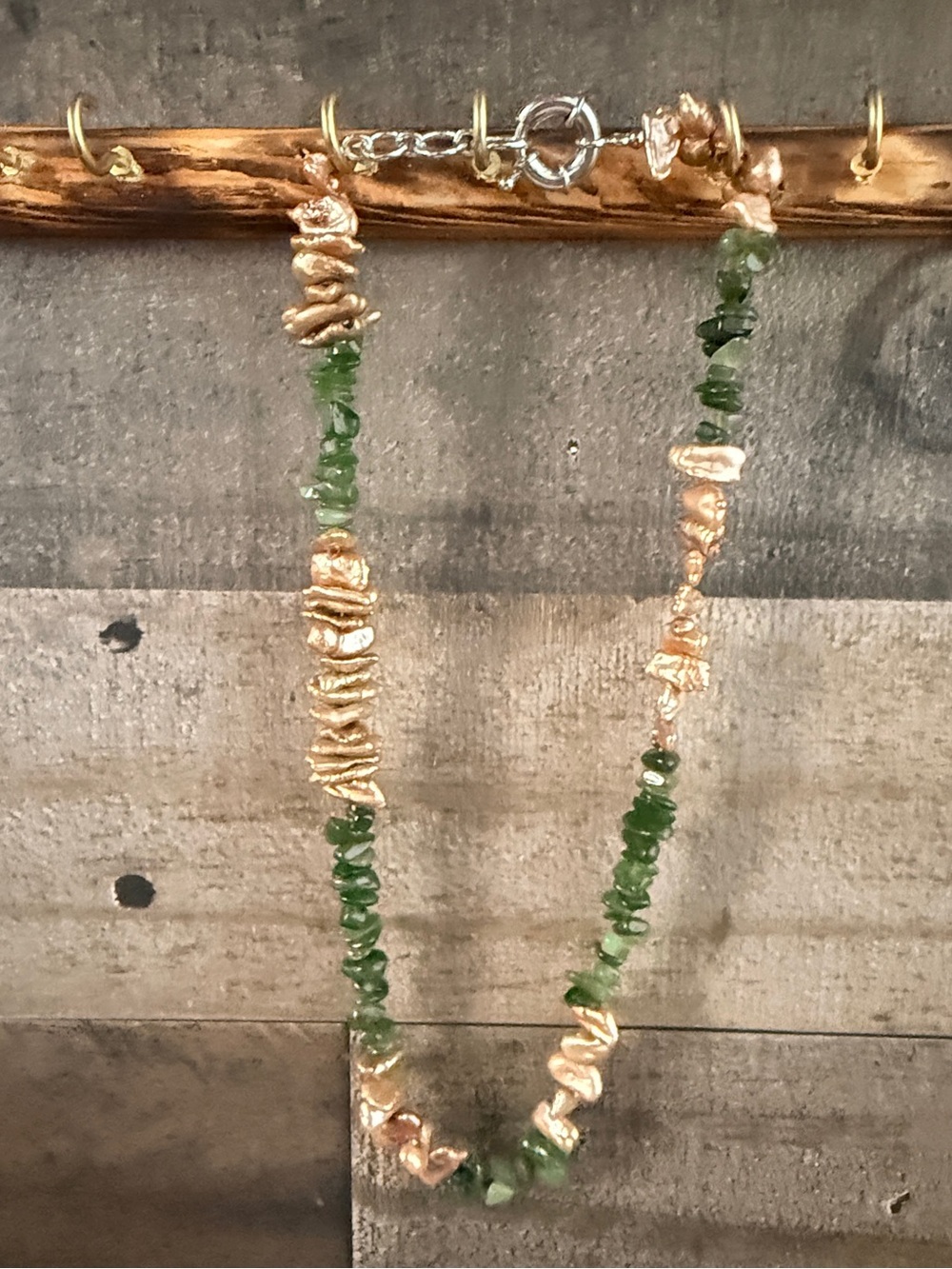 Green Jade and Champagne Pearl Bead Necklace